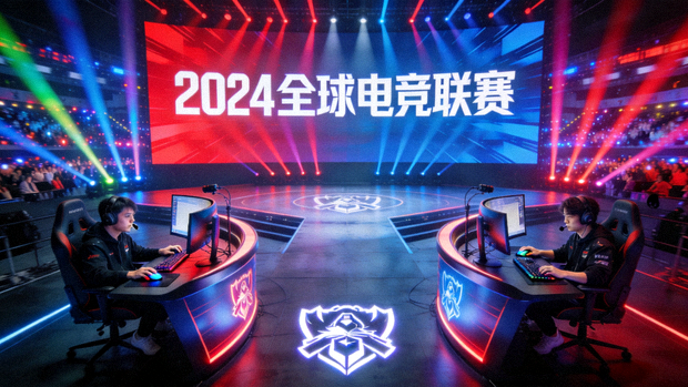 电竞赛事舞台与选手对战现场画面