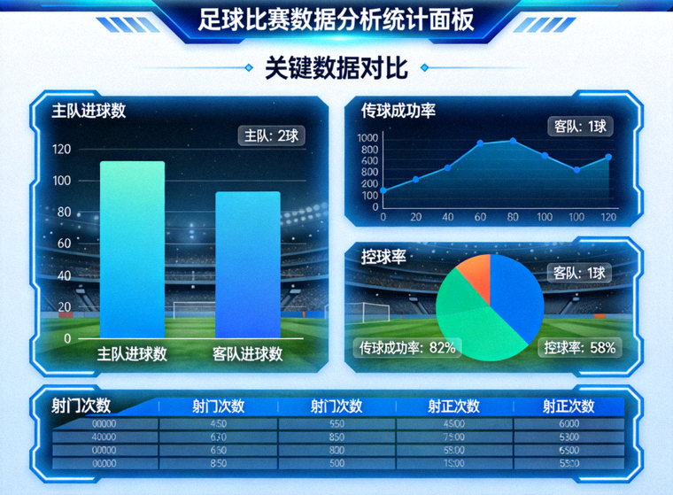 足球比赛数据分析图表与统计面板示意画面